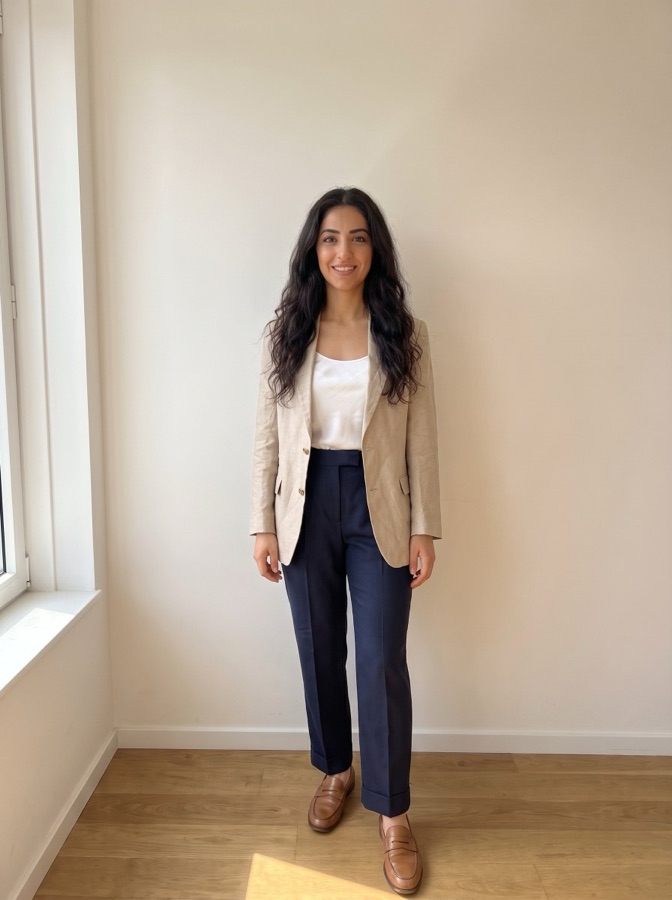 Example: a woman wearing the beige blazer, white top and navy trousers