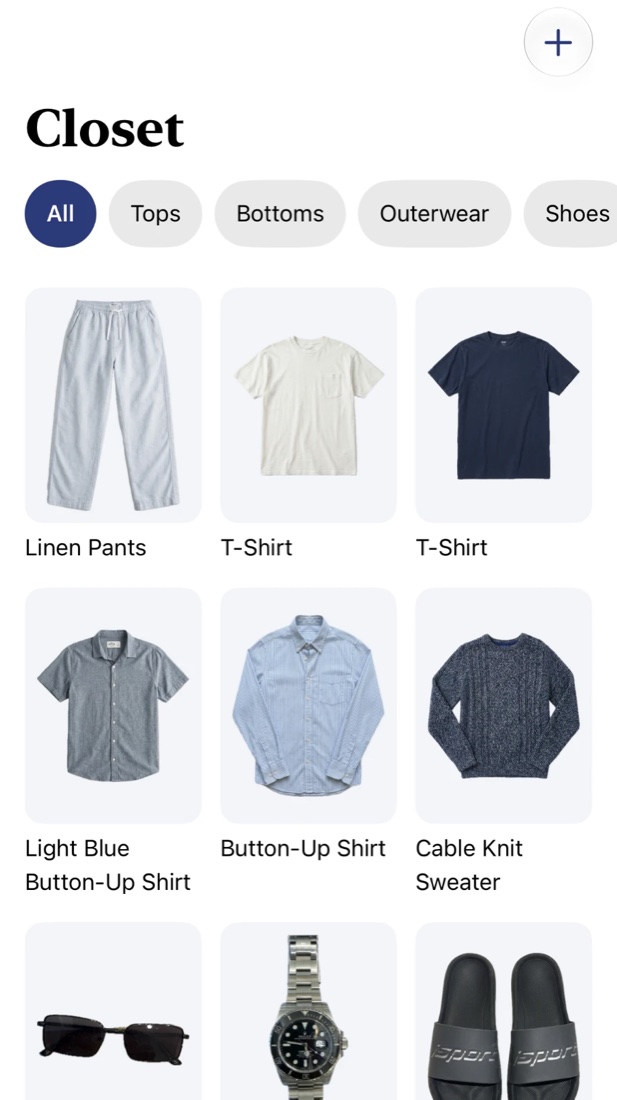 The Abito closet: tidied photos of linen pants, t-shirts, shirts, a sweater, sunglasses, a watch and slides, with category filters.